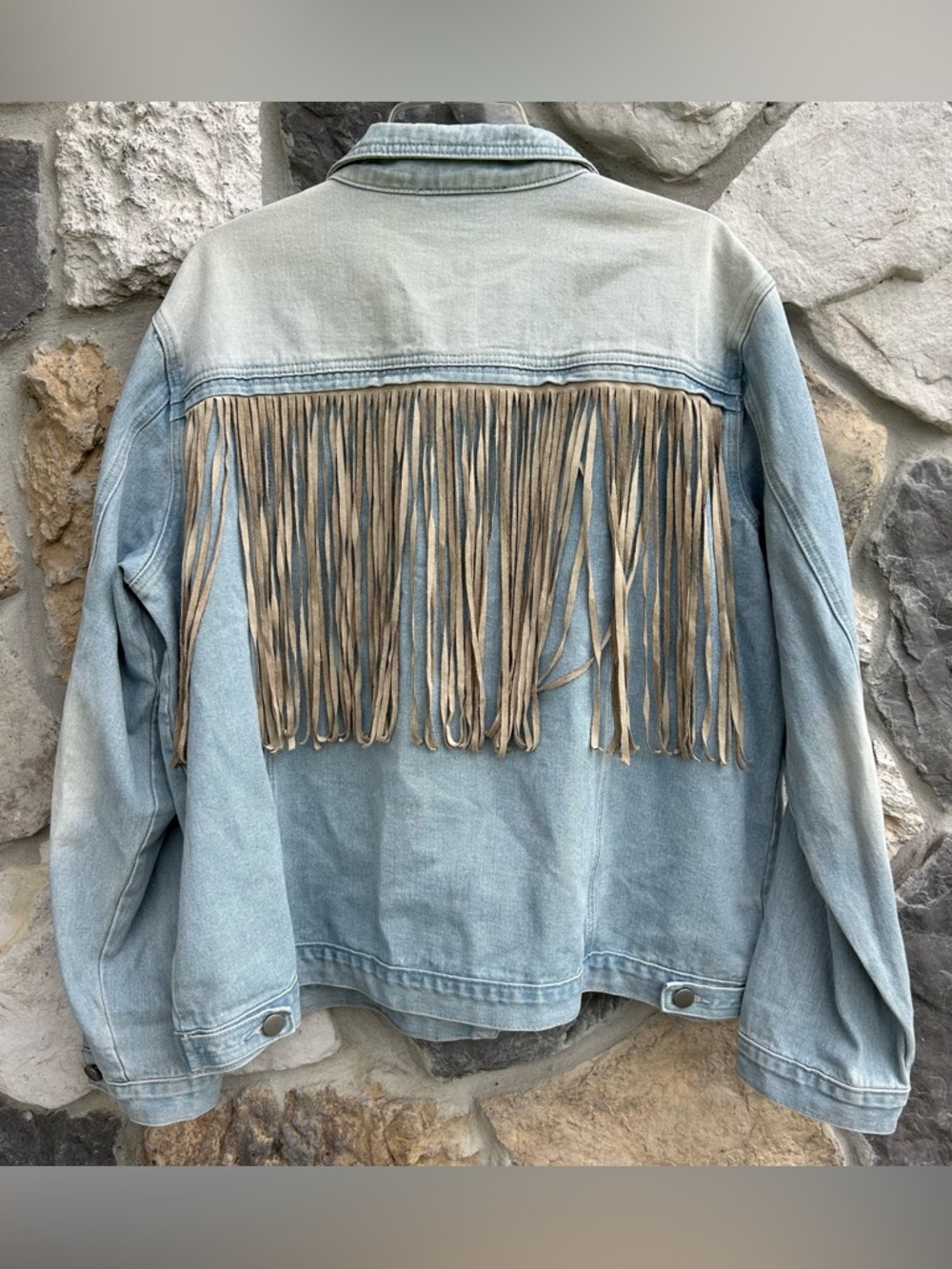 Savanna Jane Denim Fringe Jacket Size 2X Light Wash Rodeo Cowgirl Festival Boho